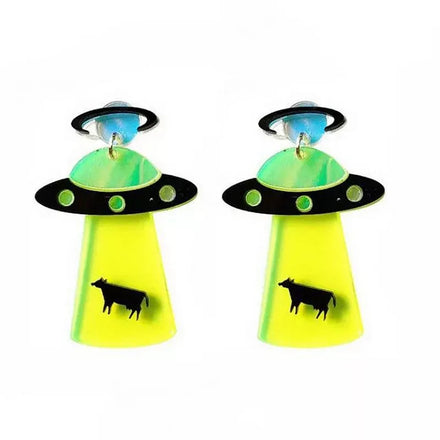Wholesale Exaggerated Animal Glitter UFO alien Spaceship Acrylic Translucent Iridescent Color Earrings