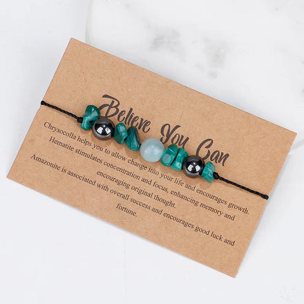 Handmade Natural Gem Stone Bracelet Best Wishes Believe You Can Irregular Crystal Stretch Chip Bead Stainless Steel Couple's