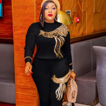 2023 African Women Sweat Suits Winter Beading Women's Thermal Coat and Trousers Two Piece Set