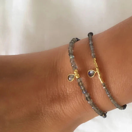 Boho Tiny Gold & Labradorite Stacking Gemstone Beads Adjustable Drop Charm Birthstone Bracelets Jewelry for Women