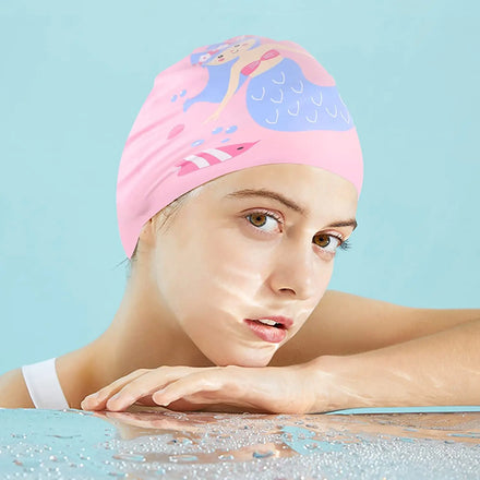 Fashionable 100% Eco-Friendly Silicone Swim Cap Kids Mermaid Design with Custom Logo Print Good Stretch & Leak-Proof
