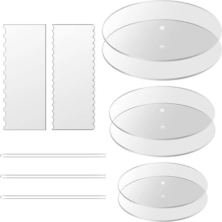Round Acrylic 3-Layer Cake Pan Set with Comb Scraper Positioning Rod & Icing Smoother Plastic Accessories
