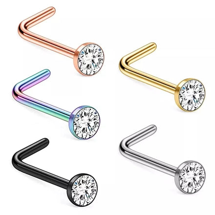 L Shaped Nose Rings Stainless Steel Piercing Jewelry Cubic Zirconia Nose Studs Nose Rings With Zircon Crystal
