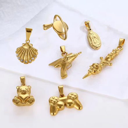 Hiphops Games Console Pendant 18K Gold Plated Bear Shell Charm Women Men Stainless Steel Earth Mary Necklace Jewelry