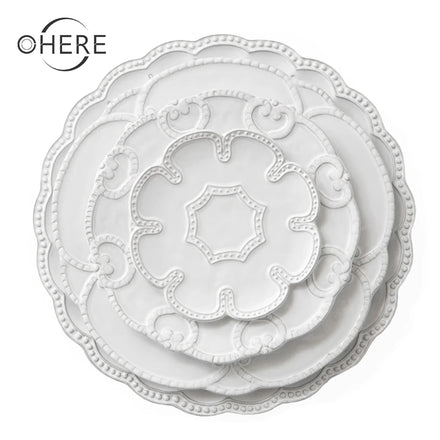 Wholesale Vintage Classic White Emboss Relief Charger Plate Dinner Set Porcelain Vajilla Plant for Wedding Events Dinnerware