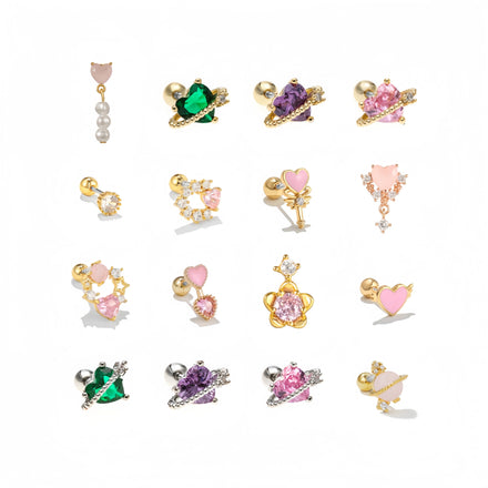 Girls Pink Love Series Earbone Nails 18K Gold Plated Puncture Ear Bone Nail Small Peach Heart Shaped Zircon Stud Earrings
