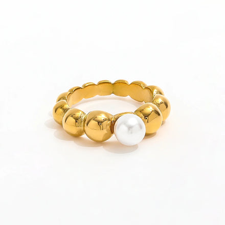 Fenny 18K Gold Plated High End Luxury Waterproof Fashion One Pearl Gold Bead Rounding Stainless Steel Ring Wholesale Jewelry