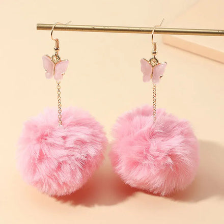 SC Hot Selling Faux Fur Ball Fluffy Earrings Women Christmas Gift Winter Warm Long Pink Butterfly Pom Pom Earrings for Girls