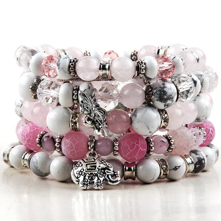 New Beautiful Women Jewelry Pink Quartz White Howlite Natural Stone Crystal Glass Druzy Alloy Leaf Elephant Penadnt Bracelet