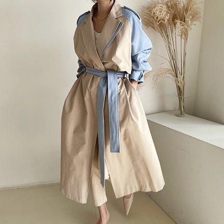 Wholesale 2026 Korean Chic Autumn French Retro Lapel Design Sense Contrast Color Tie Waist Long Windbreaker Coat