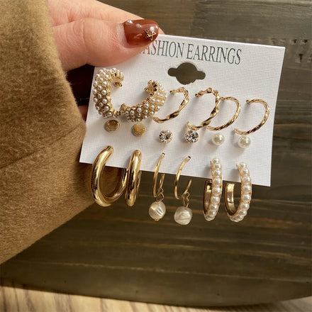 Hot Sale Popular Jewelry Set Geometric C Shape Hoop Earrings Pearl Acrylic Tassel Drop Earrings Set Gold Zinc Alloy ZG for Women