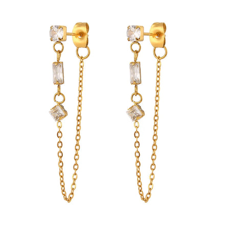 2022 Factory Popular Tassel Jewelry Stainless Steel Earrings Personality Square Zircon Chain Earrings for Women Girls