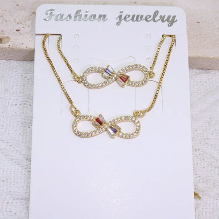 S11157 Dainty 18k Gold Plated Colorful Square CZ Diamond Zircon Baguette Infinity Charm Necklace & Bracelet Jewelry Set