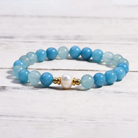 8mm Natural Real Blue Jade Bracelet 18K Gold Freshwater Pearl Bracelet Natural Stone Beads Stretch Bracelet