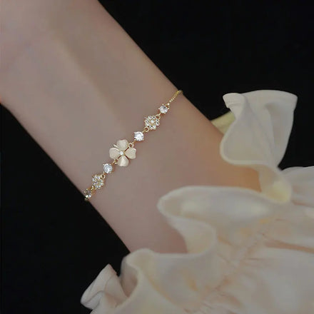 Minimalist Opal Bracelet Heart Crystal Adjustable Four Leaf Clover Bracelet for Women