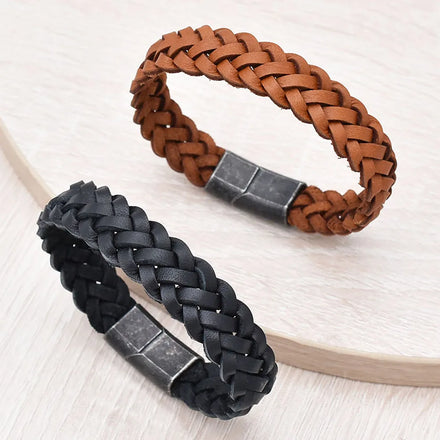 Fashion Handmade Braided Leather Wrap Bracelet Vintage Magnetic Stainless Steel Clasp Adjustable Wristband Men Couple Gift Model