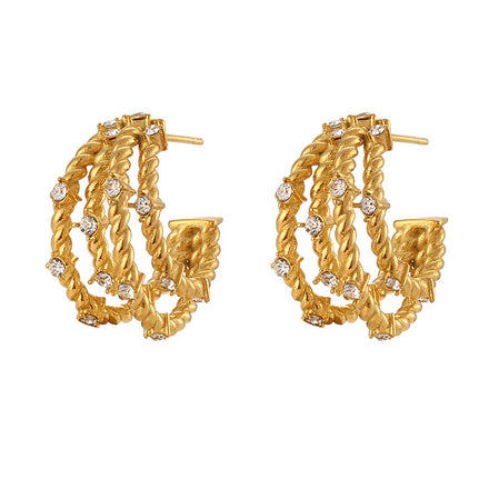 Popular Stainless Steel Earring Hoop Jewelry Statement Multi-layered Twisted Zircon Banana Earrings for Women Girls