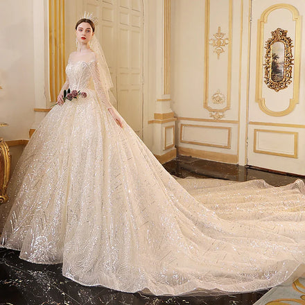 New Shine Bridal Gown Off Shoulder Lace Sleeve Long Train Prom Bling Modest Wedding Dresses