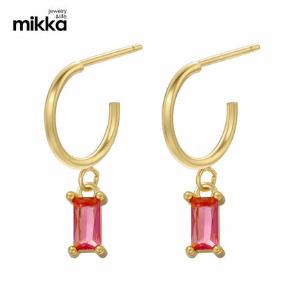 Ladies 18K Gold Plated Jewelry Geometric Rectangle Cubic Zirconia Red Zircon Drop Pendant Brass Earrings for Women