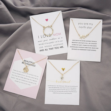 Wholesale Popular Lucky Best Wishe Card Gold Plated Gift Necklace Trendy Alloy Moon Star Pearl Tassel Collarbone Chain Necklaces