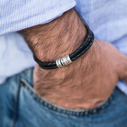 Best Gift Personalized Men Bracelets Custom Stainless Steel Beads Charm Leather Bracelets for Men Boyfriend Father