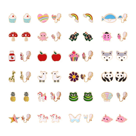 Girl Fashion 24 Pairs/Set Animal Fruit Kids Earring Flower Star Cake Children Clip-on Earrings
