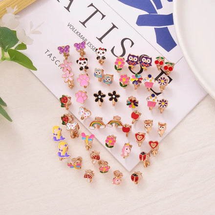 Girl Fashion 24 Pairs/Set Cute Animal Fruit No Pierced Kids Earring Butterfly Fox Children Clip-on Earrings