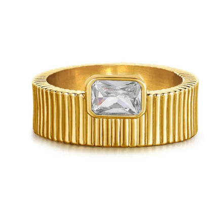 High End 18K Plain Gold Zirconia Gear Shape Rings Stainless Steel Trendy Simple Gold Plated Jewelry