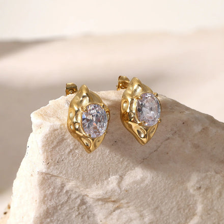 Women Fashion Jewelry Hammered Teardrop Earrings Inlaid Zircon Earrings 14k Gold Plated Flat Back Earring
