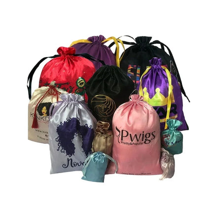 Logo Custom Wholesale Gift Small Satin Dust Bag Hair Extension Packaging Bags for Jewelry Bundles Eyelash Shoe Wig