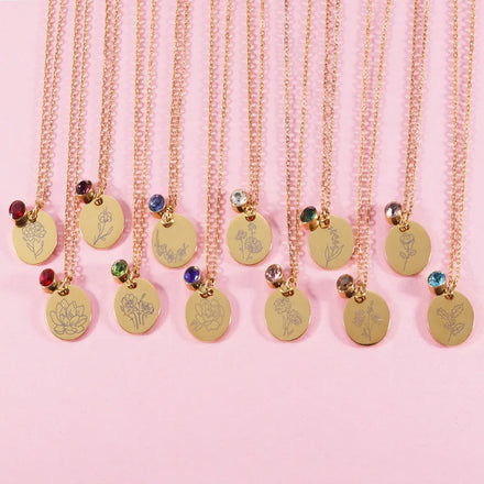 2025 Personalized Customized 18K Gold Plated Stainless Steel Birthstone & Birth Month Flower Link Chain Necklace for Women