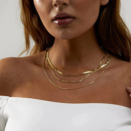 18k Gold Plated Stainless Steel Multi Layer Necklace Flat Snake Chain Figaro Chain Box Chain Women Fashion Stacking Necklace