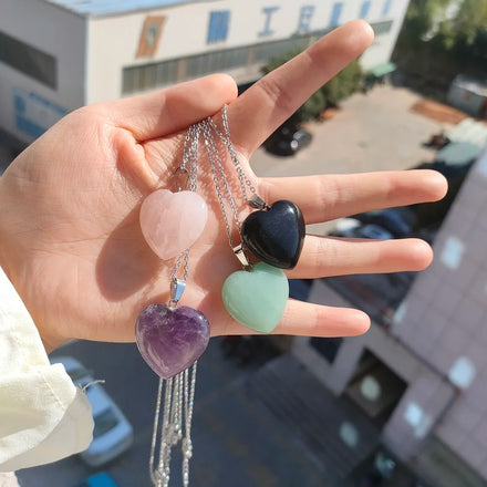 Statement Simple Fashion Stainless Steel Chains Natural Jade Stone Birthstone Crystal Heart Necklace for Women Men