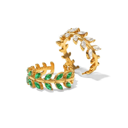 New Delicate 18K Gold Plated Leaf Shape White Green Zircon Ring Waterproof Stainless Steel Fashion Jewelry Ring