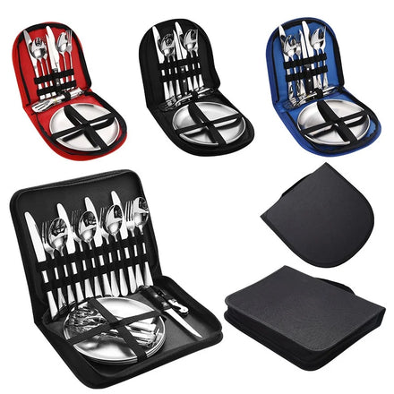 Hot Sale Camping Dinnerware Stainless Steel Flatware Set Knife Fork Spoon Plate Silverware 10/20 Pcs Portable Cutlery Set