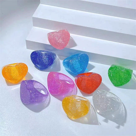 Handmade Acrylic Resin Rings Candy Color Glitter Heart Shape Geometric Fashion Jewelry for Women Party