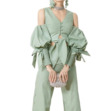 Fashion New Light Green Off-the-shoulder V-neck Puff Sleeves Blouse Party Pleated Self Tie Strap Shirts