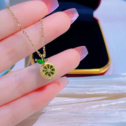 Gold Plated Lemon Pendant Necklace Stainless Steel Delicate Green Zircon Cute Fruit Tiny Women Choker Necklace Jewelry Gift