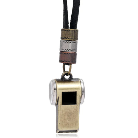 Hot Sale Adjustable Men's Necklace Trendy Vintage Alloy Whistle Pendant with Cord Chain Black Genuine Leather Mens Size for Men