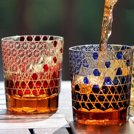8.5 oz Hand-carved Whisky Glass Cup Japanese Edo Kiriko Old Fashioned Glass Blue Green Red Black Overlaid Glass Cocktail Tumbler