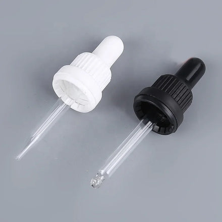 Tamper Evident Plastic Dropper Cap 18 mm shiny Black Dropper With Glass Pipette for glass Essential Oil Bottles