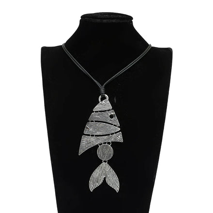 Vintage Fish Shape Long Black Leather Necklace Pendant for Women Gothic Jewelry