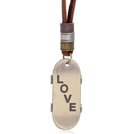 Vintage Alloy Skateboard Pendant Necklace Charm Genuine Leather Cord Chain Antique Size Adjustable for Mens Anniversary Gift