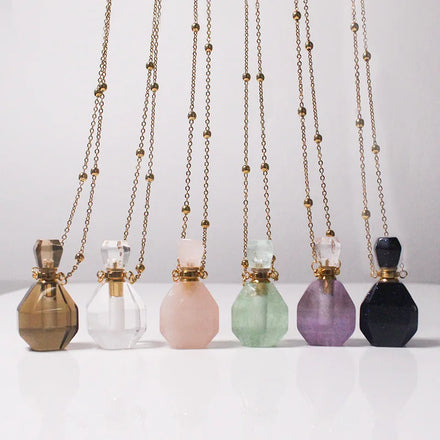 Various Healing Crystal Oil Bottle Precious Stone Essential Diffuser Bottle Amethyst Pendulum Perfume Bottle Pendant Necklace