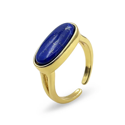 High Quality Trendy 18K Gold Plated Women & Men's Finger Ring Adjustable Bezel with Natural Oval Lapis Lazuli Gemstone Gift