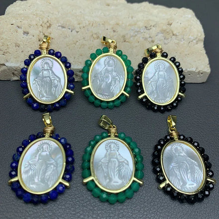 Agate Stone Wrapped 18k Gold Plated Mother of Pearl Shell Virgin Mary Our Lady of Guadalupe Medallion Pendants