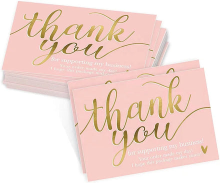 50pcs/bag Wholesale 5*9cm pink Gold Stamping Thank You Cards for Support My Small Business Greeting Gift Box Decoration