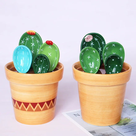 Ceramic Cactus Measuring Spoons and Cups Cute Measuring Spoons Set in Pot Cactus Shape Kitchen Decor Small Measuring Spoons