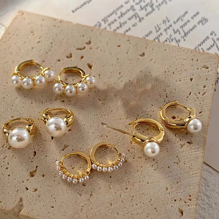 EP1037 Chic 18K Gold Plated Brass Minimalist Geometric Pave Faux Pearl Paved Huggie Hoop Earrings