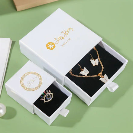 Custom Paperboard Gift Packaging Personal Brand Gold logo Print Retails Drawer Type Sliding White Cardboard Jewelry Necklace Box